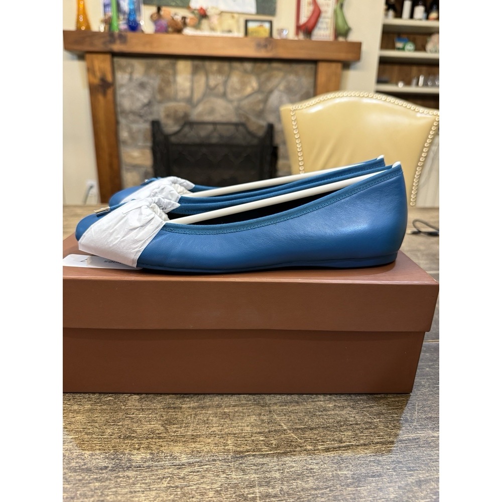 NWB COACH Lara Silk Nappa Ballet Flats Peacock Blue Leather Bow Logo‎ Size 9 - Picture 3 of 11
